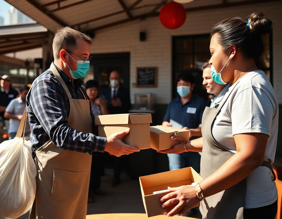 Restaurant staff handing meals to community volunteers