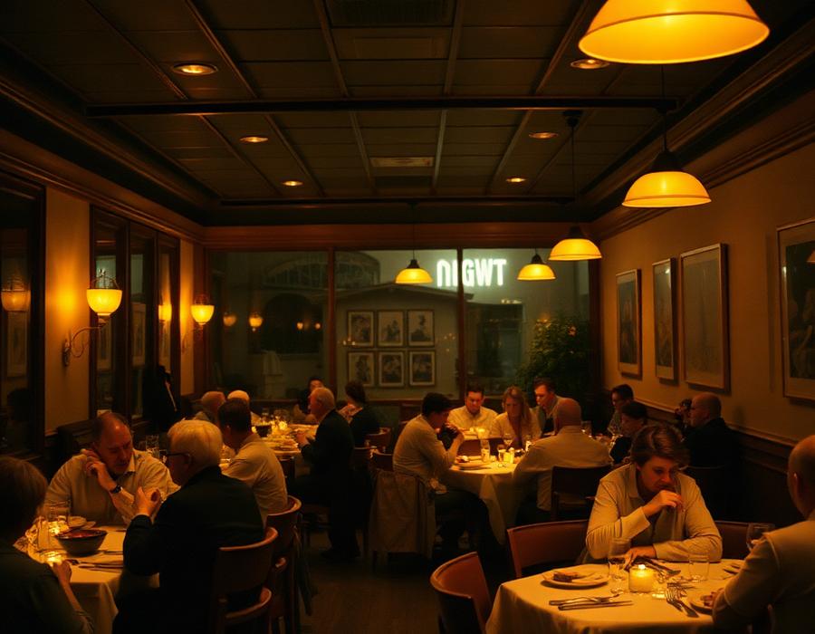 Full restaurant dining room during a busy service