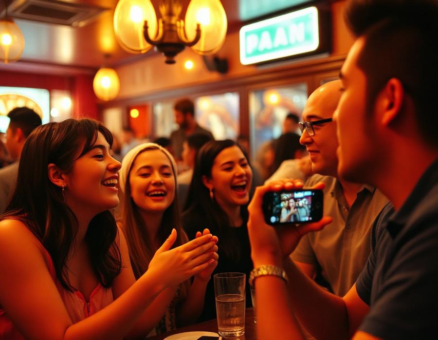 Guests singing and filming inside a lively restaurant