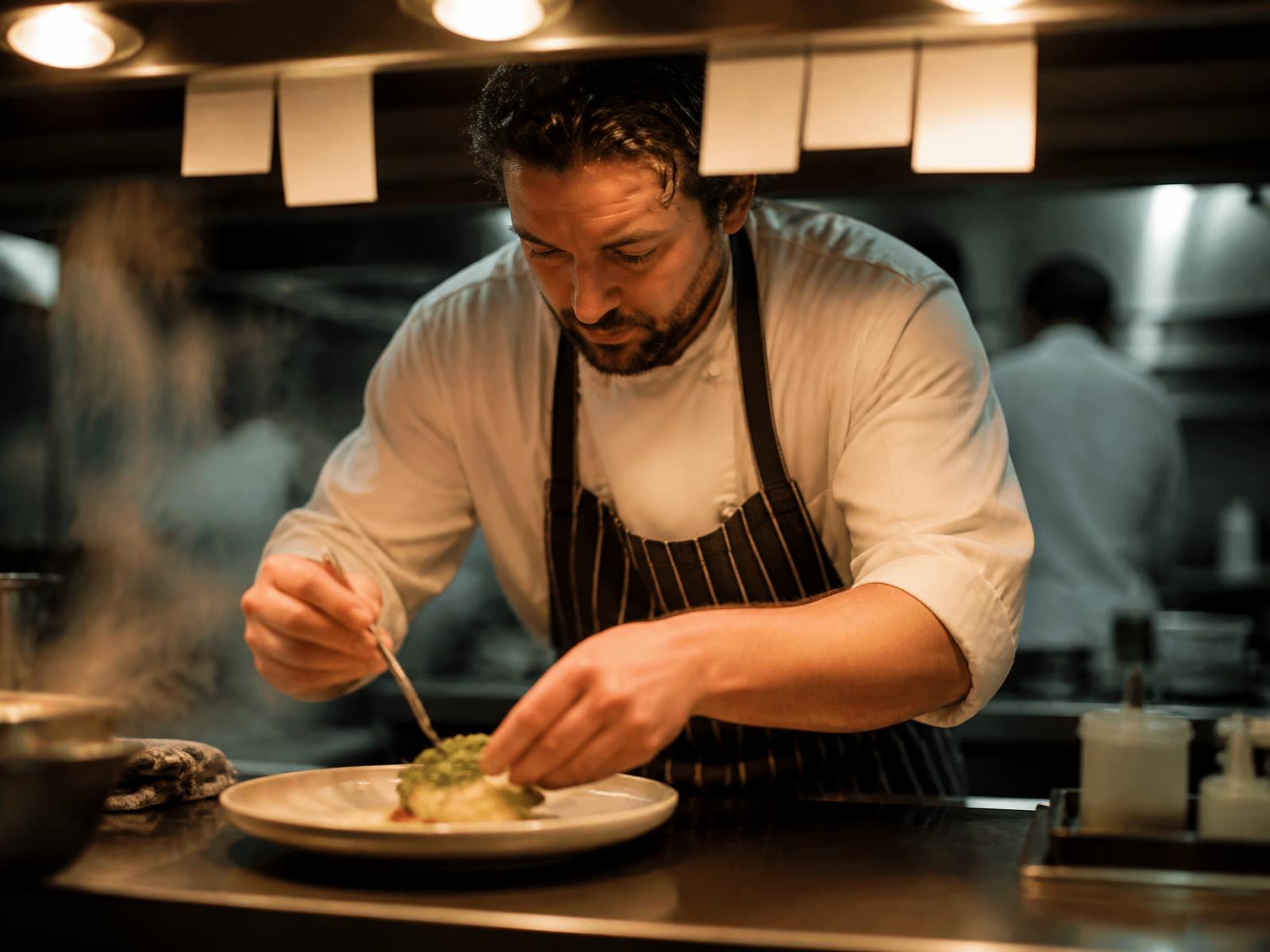 Chef plating a dish at the kitchen pass