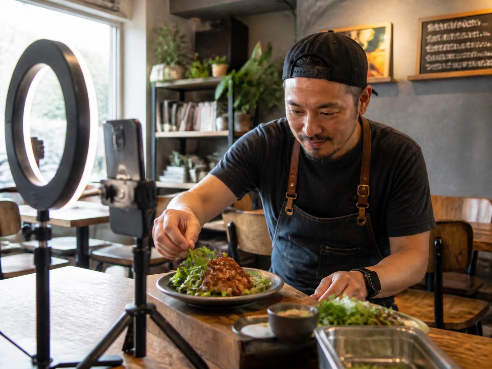 Restaurant owner filming a dish for social media