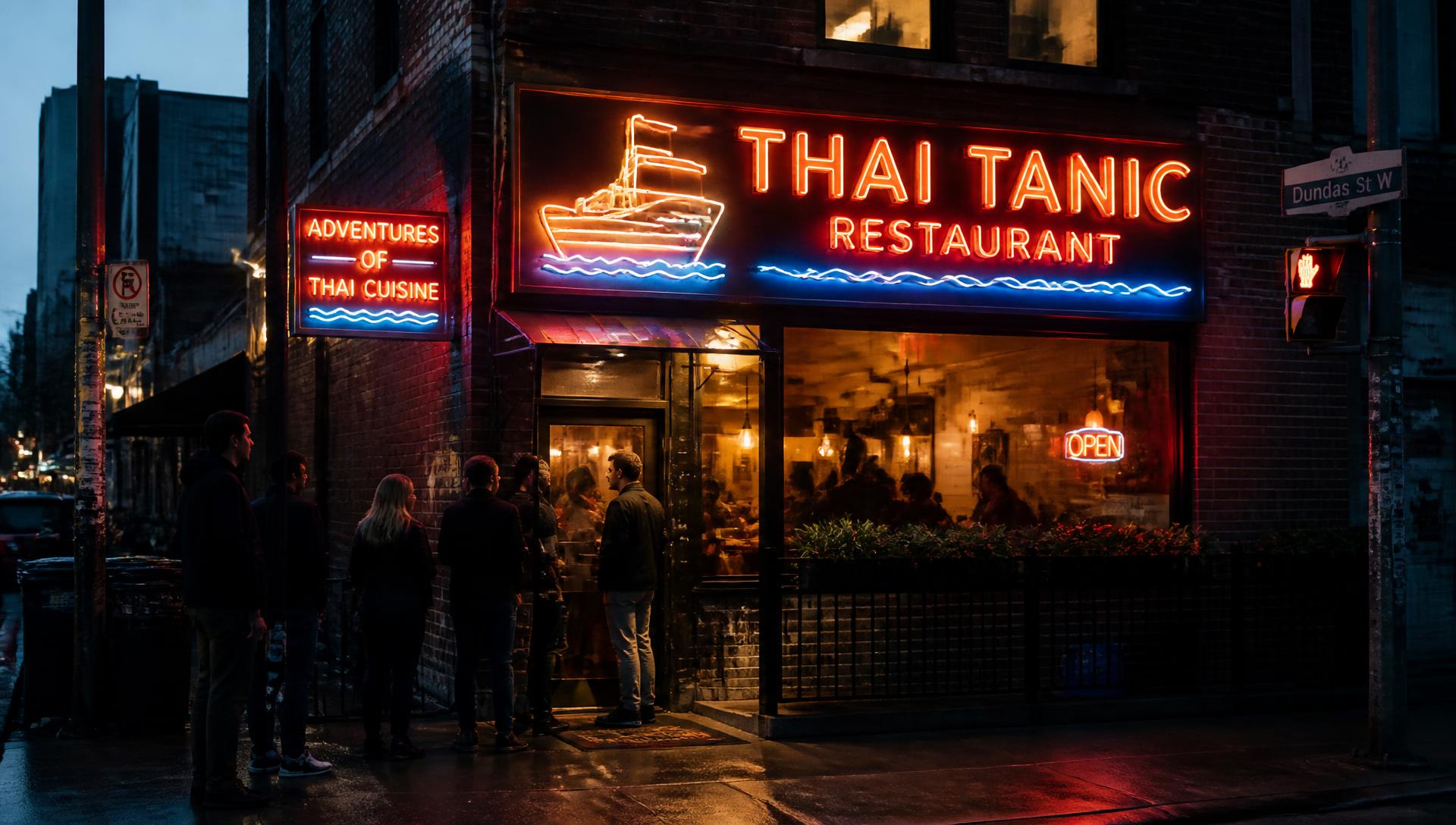 Restaurant storefront lit up at night